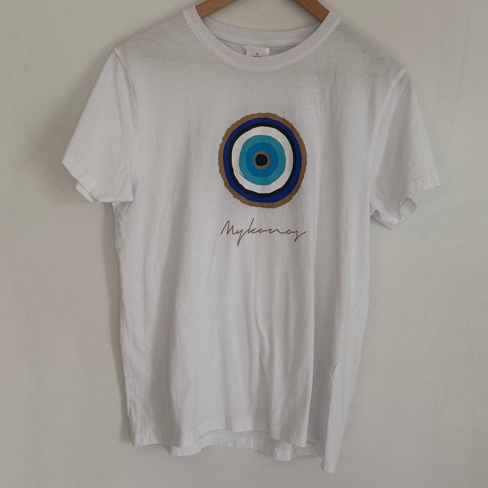 P-Line Greece Unisex White Evil Eye Protection Souvenir T Shirt Size L NWOT